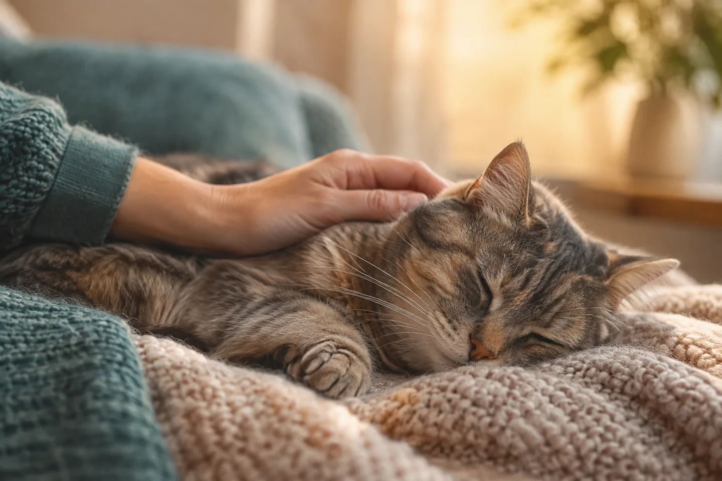 Main posée avec douceur sur un chat âgé endormi sur un plaid, lumière chaude et apaisée