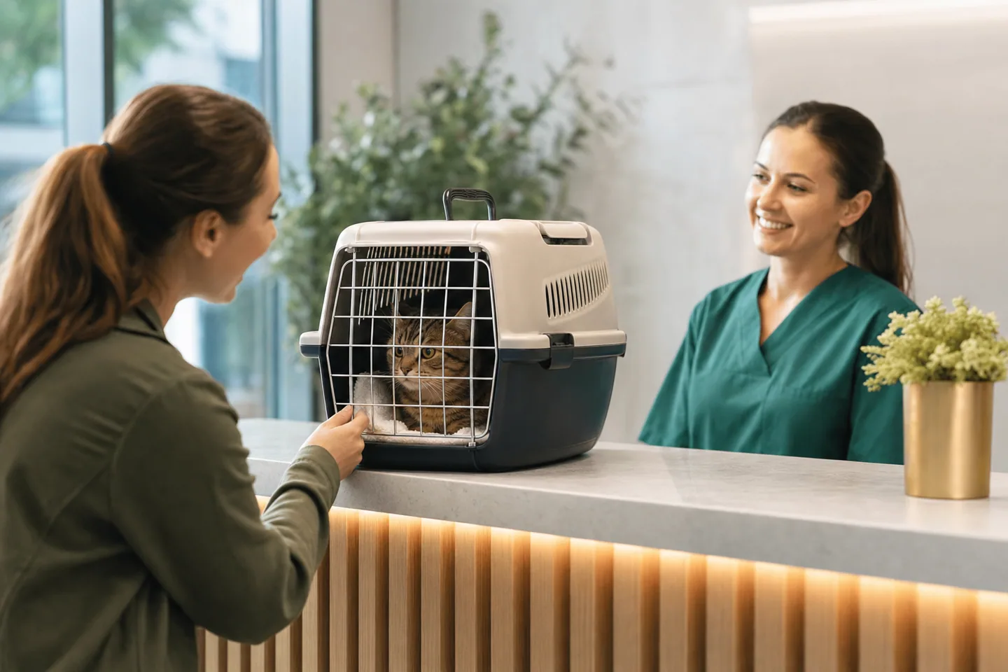 Accueil de clinique vétérinaire moderne avec une caisse de transport pour chat