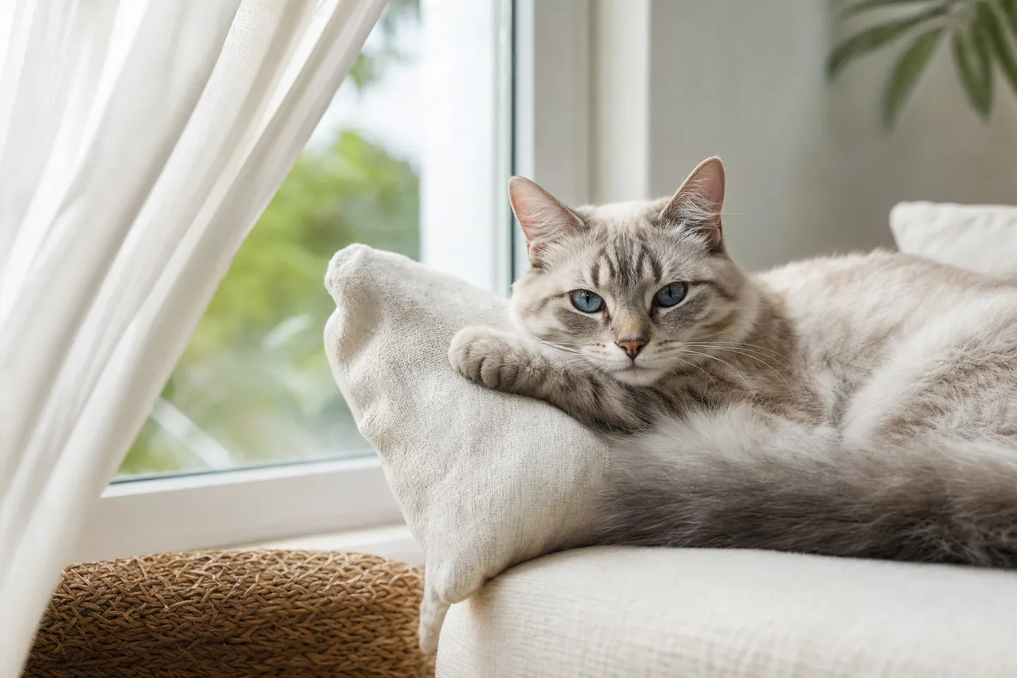 Chat calme reposant près d’une fenêtre entrouverte aux rideaux légers, intérieur épuré