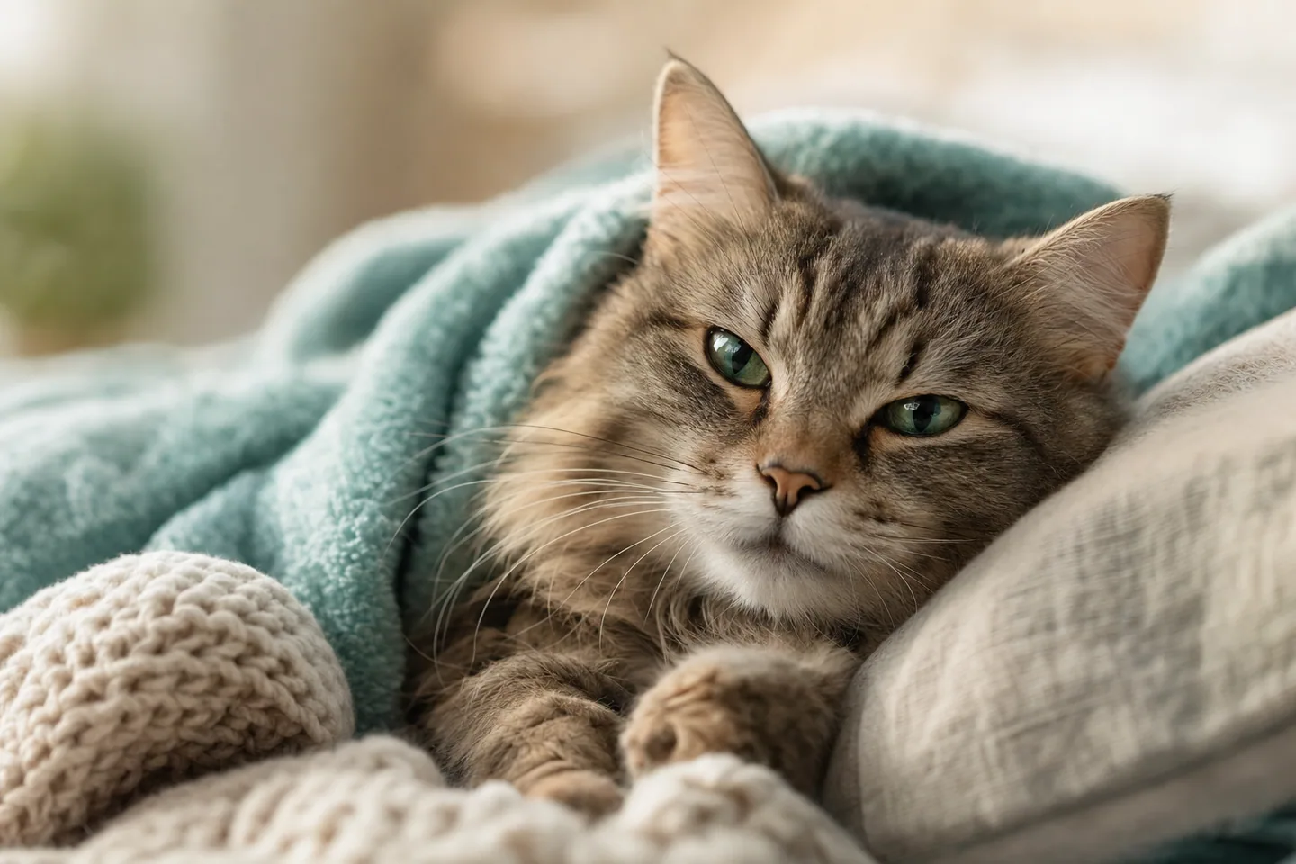 Chat au repos enveloppé dans une couverture douce en convalescence à la maison