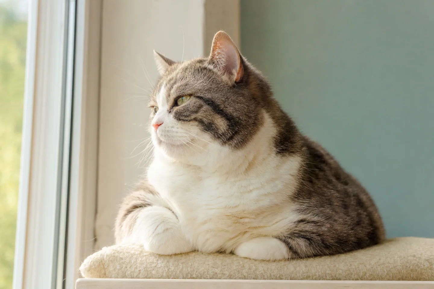 Chat un peu en surpoids se reposant calmement près d’une fenêtre ensoleillée