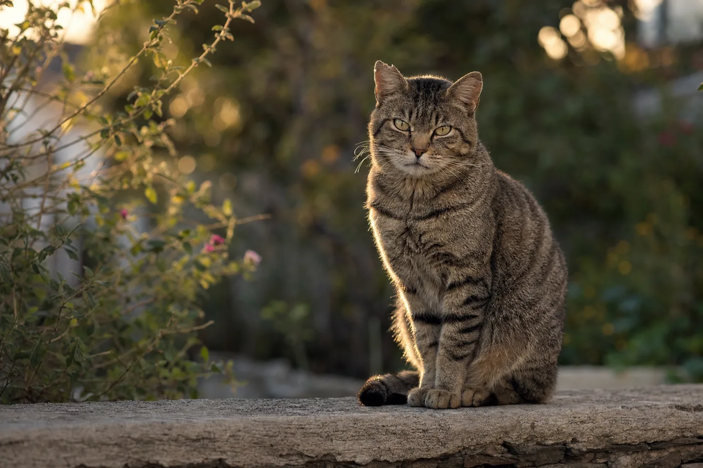 Chat d’extérieur vigilant à l’oreille légèrement échancrée, assis calmement dans un jardin à l’heure dorée