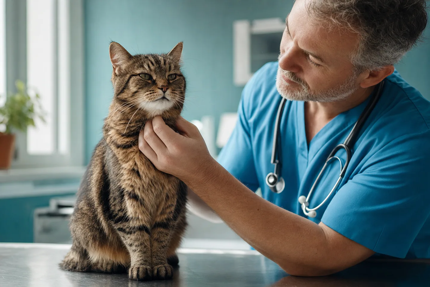 Vétérinaire palpant délicatement le cou d’un chat senior lors d’une consultation