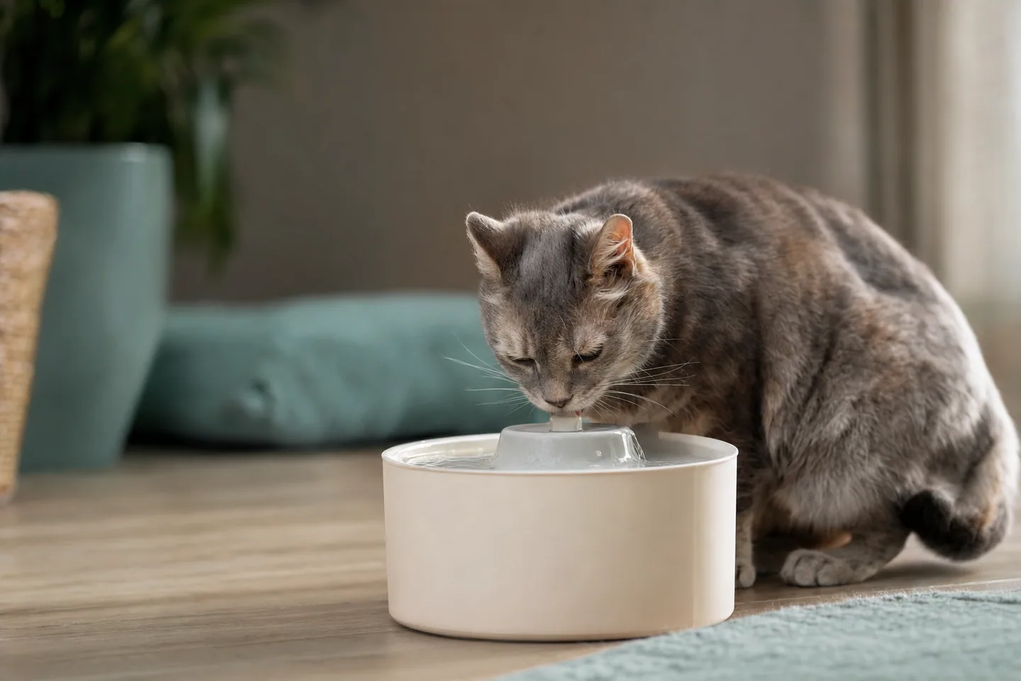 Chat âgé buvant à une fontaine à eau dans un intérieur calme