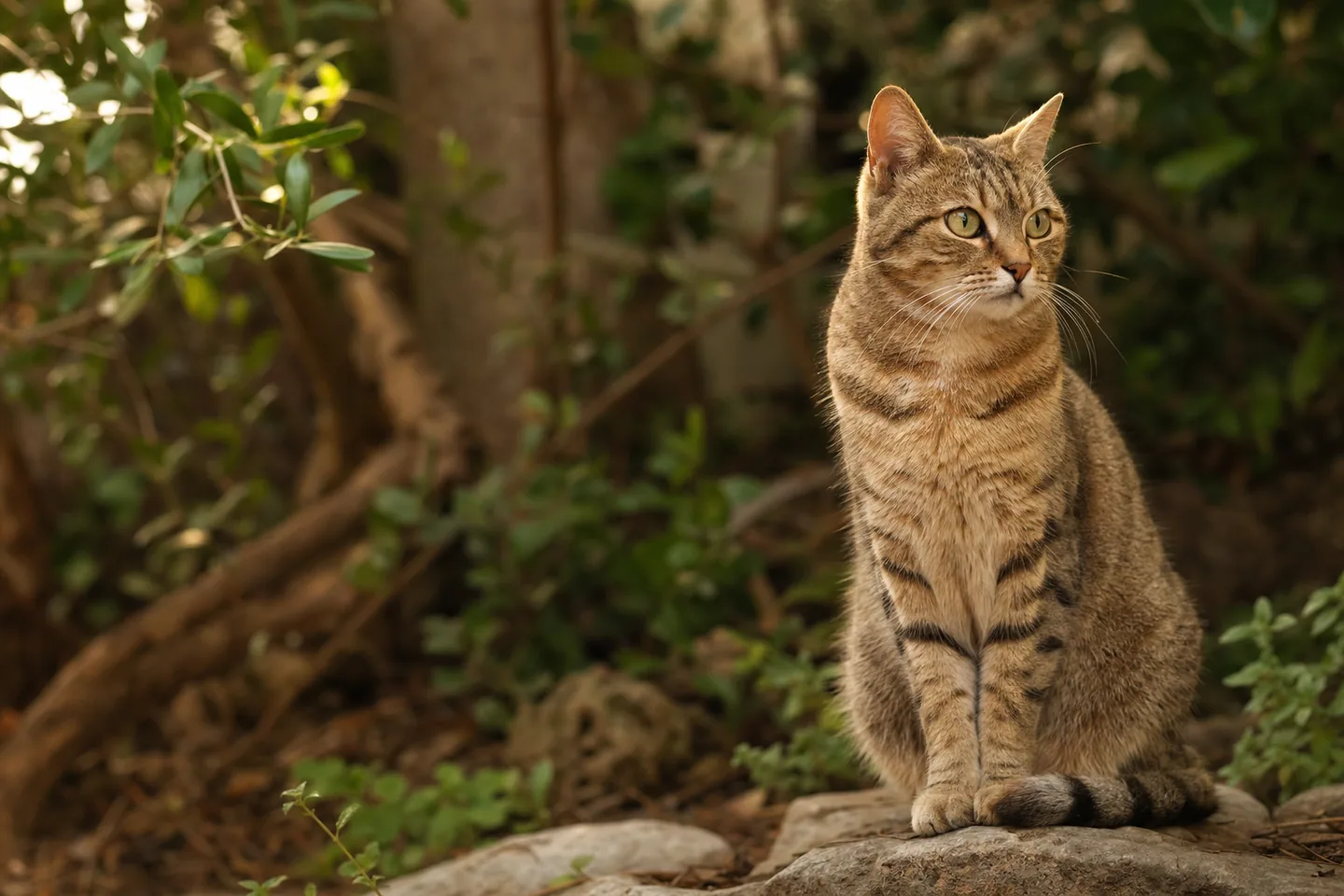 Chat d’extérieur alerte dans un jardin, thème de l’exposition et de la protection
