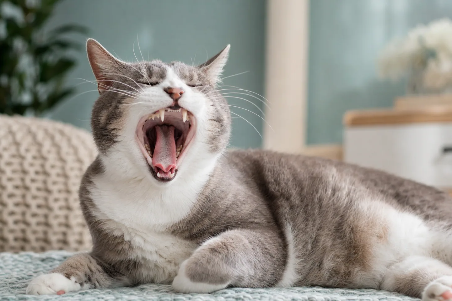Chat baillant largement et montrant des dents saines dans un intérieur lumineux
