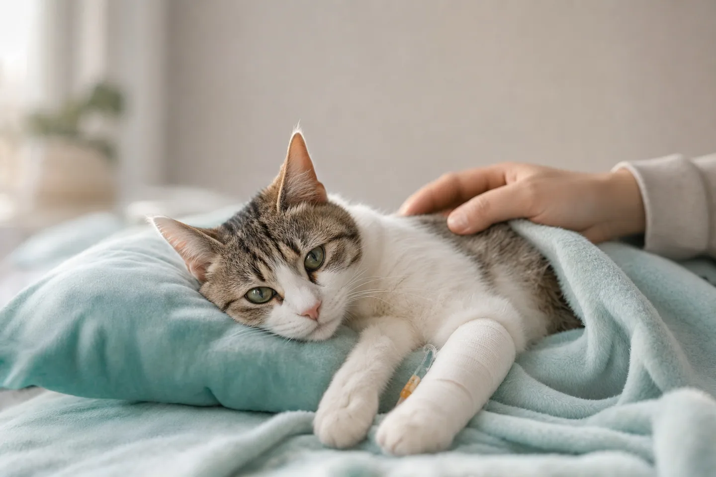 Jeune chat au repos à la maison sous soins attentifs, ambiance d’espoir