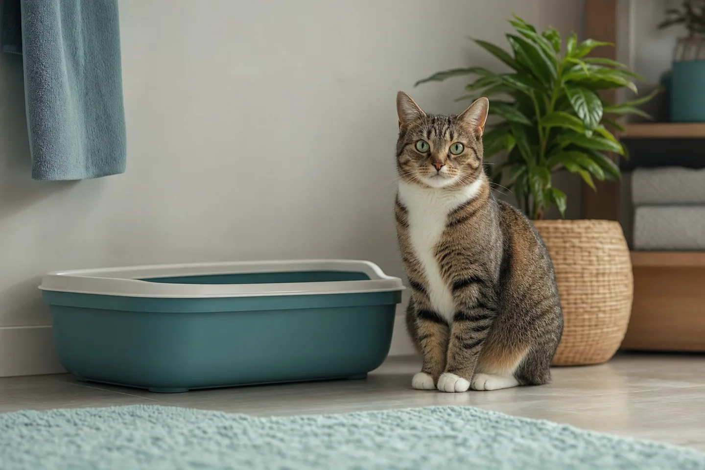 Chat assis près d’une litière propre dans un intérieur soigné