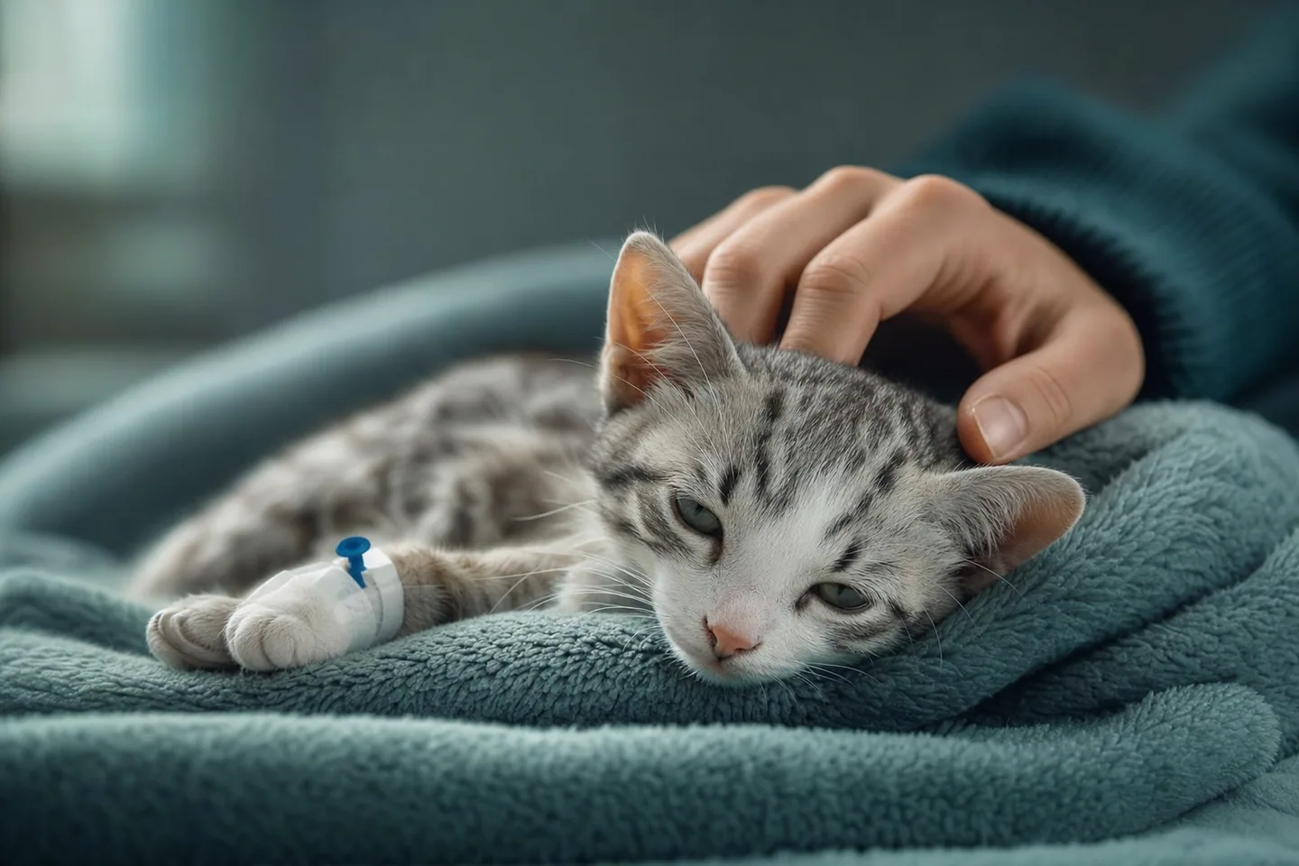 Jeune chat au repos sous surveillance attentive, ambiance calme et protectrice