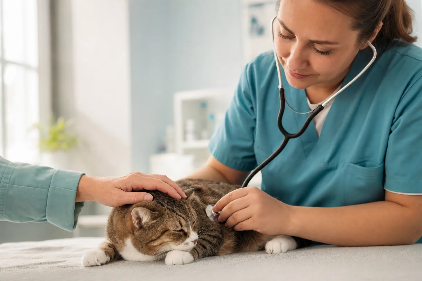 Main posée sur un chat pendant qu’un vétérinaire l’ausculte au stéthoscope