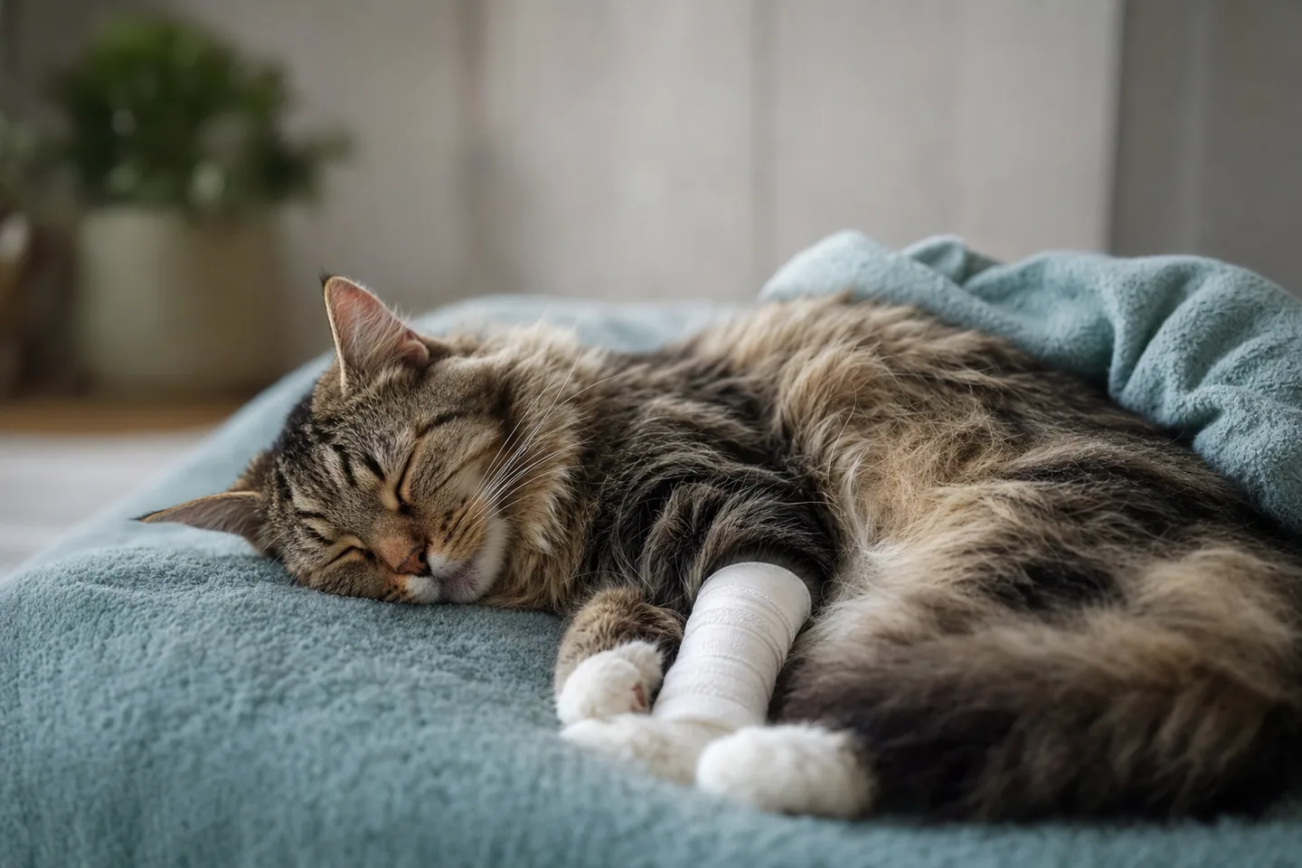 Chat calme se reposant paisiblement à la maison après une visite vétérinaire