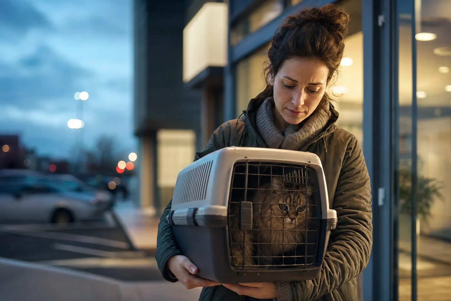 Propriétaire transportant délicatement un chat en caisse vers une clinique au crépuscule