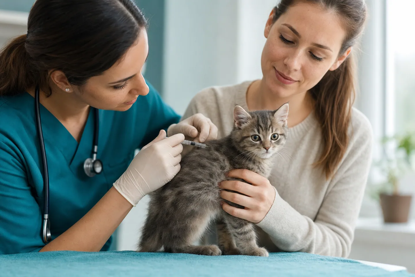 Vétérinaire vaccinant délicatement un chaton calme et rassuré en clinique