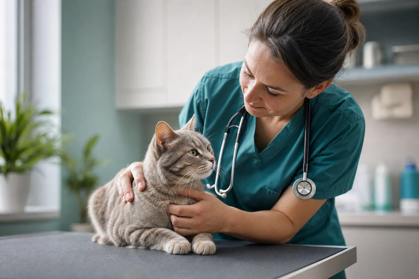Vétérinaire bienveillant et chat calme lors d’un contrôle de routine en clinique